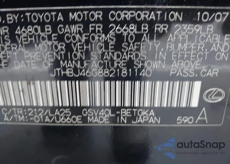 2008 Lexus Es 350 z USA, uszkodzony, nr VIN JTHBJ46G882181140